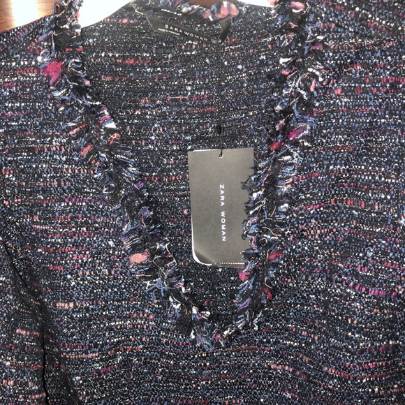 ZARA Woman navy multi tweed dress tunic frayed edges long sleeves - Picture 5 of 12